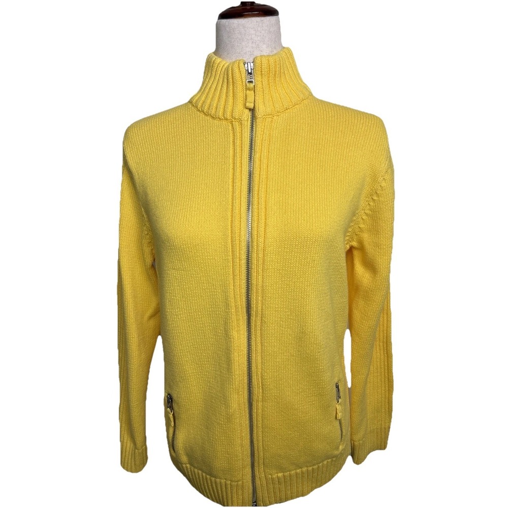 Lands End Drifter Full Zip Sweater Cotton Cardigan Pockets Womens Large Yellow
